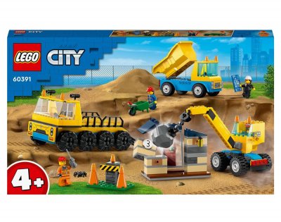 Les camions de chantier et la grue &agrave; boule de d&eacute;molition