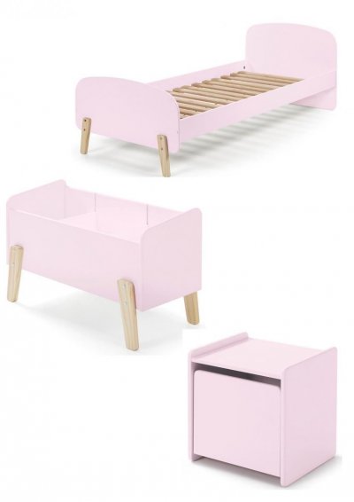 VIPACK Lit 90x200 - chevet 1 porte et coffre &agrave; jouets kiddy - vieux rose