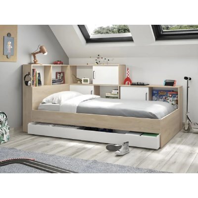 GAMI Lit 90x200 cm avec rangements ERWAN imitation ch&ecirc;ne et blanc