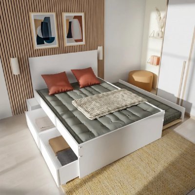 Lit avec rangements 140x190 cm RAVA + couchage 90x190 cm sur roulette Blanc