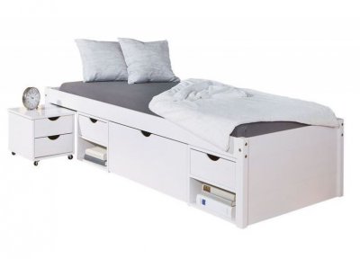 PARIS PRIX Lit banquette Xavier avec rangements, fait en pin massif, white wash.