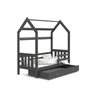 KIDS LITERIE Lit cabane 2 80x160 gris - gris livr&eacute; avec sommiers, tiroir et matelas en mousse de 7cm