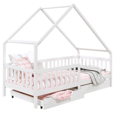 IDIMEX Lit cabane asym&eacute;trique ALVA avec tiroirs, 90 x 200 cm en pin massif lasur&eacute; blanc