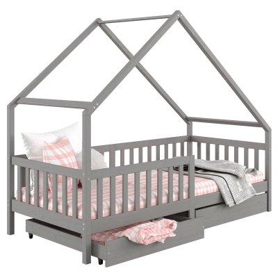 IDIMEX Lit cabane asym&eacute;trique ALVA avec tiroirs, 90 x 200 cm en pin massif lasur&eacute; gris
