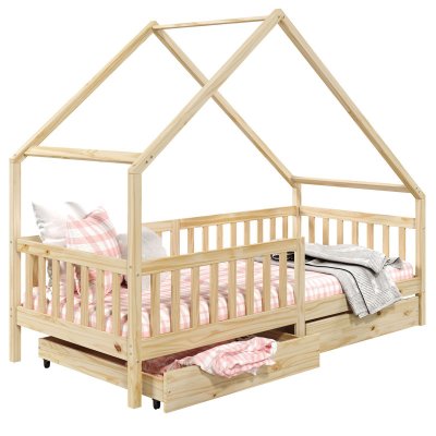 Lit cabane asym&eacute;trique ALVA avec tiroirs, 90 x 200 cm en pin massif naturel
