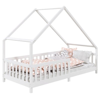 IDIMEX Lit cabane asym&eacute;trique CORA 90 x 190 cm en pin massif lasur&eacute; blanc
