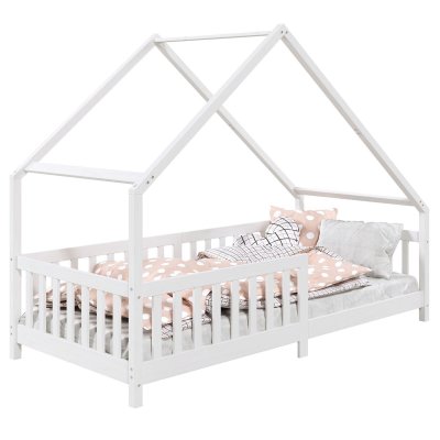 IDIMEX Lit cabane asym&eacute;trique CORA 90 x 200 cm en pin massif lasur&eacute; blanc