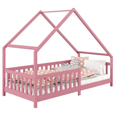  Lit cabane asym&eacute;trique CORA 90 x 200 cm en pin massif lasur&eacute; rose