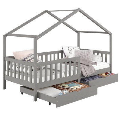 Lit cabane ELEA avec tiroirs, 90 x 200 cm en pin massif lasur&eacute; gris