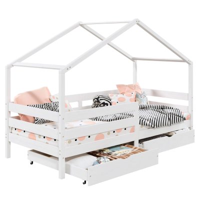 IDIMEX Lit cabane ENA avec tiroirs, 90 x 190 cm en pin massif lasur&eacute; blanc
