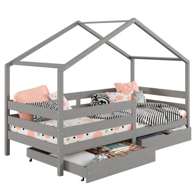 IDIMEX Lit cabane ENA avec tiroirs, 90 x 190 cm en pin massif lasur&eacute; gris