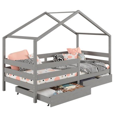  Lit cabane ENA avec tiroirs, 90 x 200 cm en pin massif lasur&eacute; gris