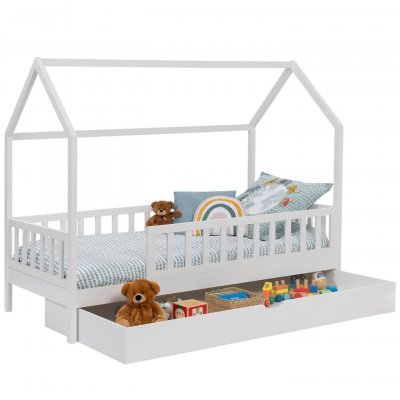 IDMARKET Lit cabane enfant 80 x 160 cm neree blanc avec 1 tiroir gigogne et de rangement