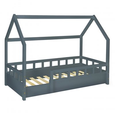 IDMARKET Lit cabane enfant 80 x 160 cm NEREE gris avec sommier et barri&egrave;res