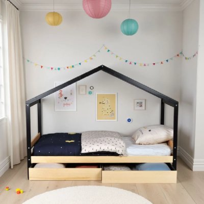 Lit cabane enfant  90 x 190 cm + 2 tiroirs + sommier WOOD