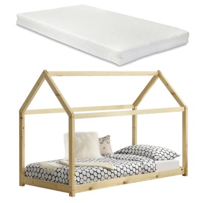 EN.CASA Lit Cabane Forme Maison Netstal avec Matelas Mousse &agrave; Froid 200 x 90 cm Naturel []