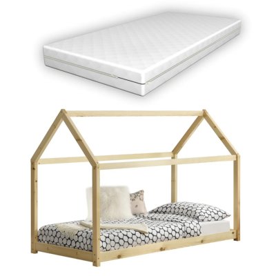 EN.CASA Lit Cabane Forme Maison Netstal avec Matelas Orthop&eacute;dique 160 x 80 cm Naturel []