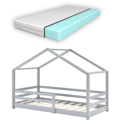 EN.CASA Lit Cabane Kn&auml;tten avec Grille de Protection et Matelas Orthop&eacute;dique 140 x 70 cm Gris Clair