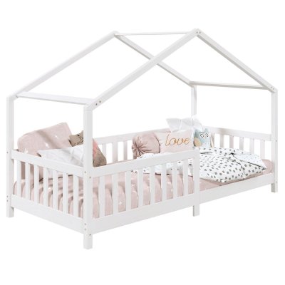 Lit cabane LISAN 90 x 190 cm, en pin massif lasur&eacute; blanc