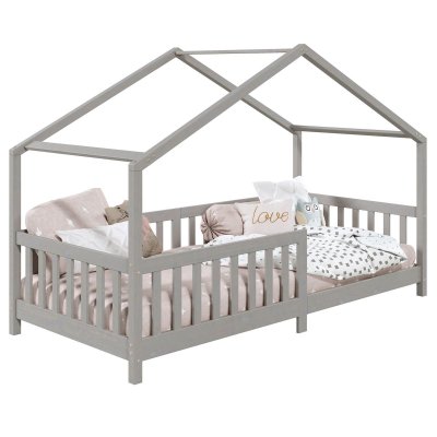 Lit cabane LISAN 90 x 190 cm, en pin massif lasur&eacute; gris