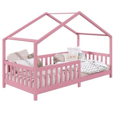 IDIMEX Lit cabane LISAN 90 x 190 cm, en pin massif lasur&eacute; rose
