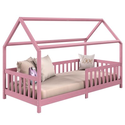 Lit cabane NINA 90 x 190 cm, en pin massif lasur&eacute; rose
