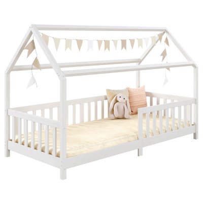 Lit cabane NINA 90 x 200 cm, en pin massif lasur&eacute; blanc
