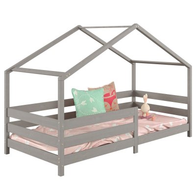 Lit cabane RENA 90 x 190 cm, en pin massif lasur&eacute; gris