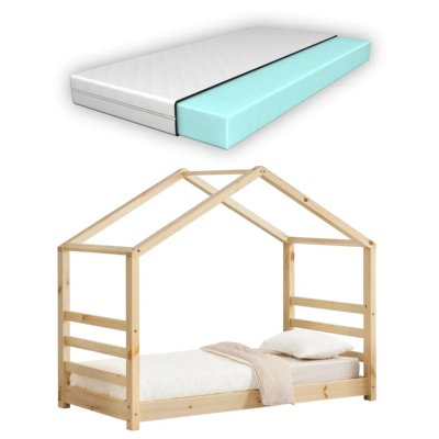 EN.CASA Lit Cabane Vard&oslash; avec Grille et Matelas Orthop&eacute;dique 80 X 160 cm Naturel []