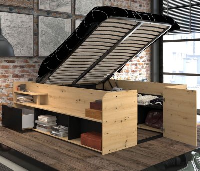 Lit Coffre avec rangements - 140x190/200 - D&eacute;cor Ch&ecirc;ne Artisan et Noir
