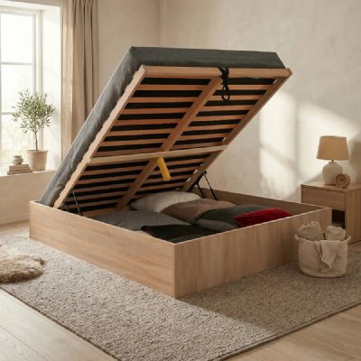 Lit coffre bilbao 140x190 cm + sommier / ch&ecirc;ne blanchi/ 196x147x33 cm