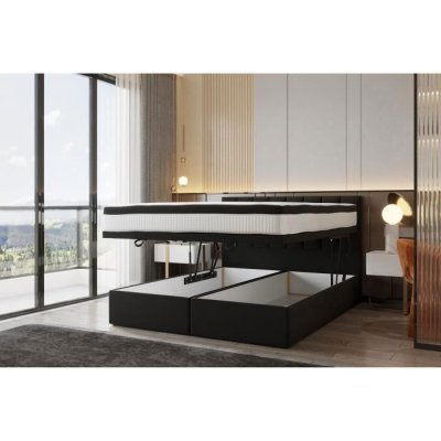 Lit Continental Bond 200x200 Noir avec Sommier et Matelas Ressorts Ensach&eacute;s