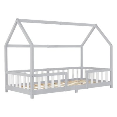 EN.CASA Lit d'Enfant Design Forme Maison Sisimiut Pin 200 x 90 cm Gris Clair Blanc Mat Laqu&eacute;