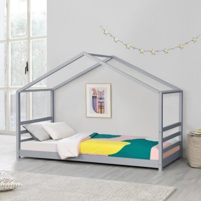 EN.CASA Lit d'enfant Design Maison Vard&oslash; Pin 90 x 200 cm Gris Mat Laqu&eacute;