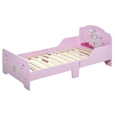 HOMCOM Lit d'enfant design princesse motif ch&acirc;teau sommier inclus rose
