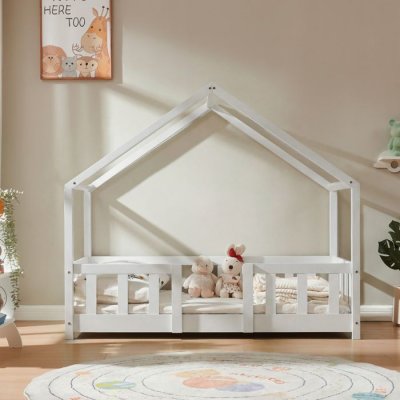 EN.CASA Lit d'Enfant Forme Maison avec Grille de Protection Treviolo 140 x 70 cm Blanc Mat Laqu&eacute;