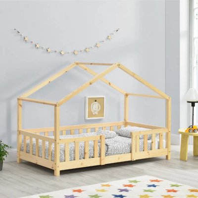 EN.CASA Lit d'Enfant Forme Maison avec Grille de Protection Treviolo 160 x 80 cm Bois Naturel []