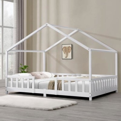 EN.CASA Lit d'Enfant Forme Maison avec Grille de Protection Treviolo  200 x 140 cm Blanc Mat Laqu&eacute;
