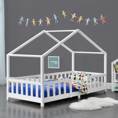 EN.CASA Lit d'Enfant Forme Maison avec Grille de Protection Treviolo  200 x 90 cm Blanc Mat Laqu&eacute;