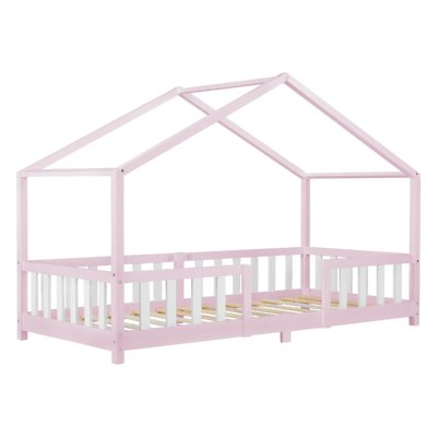 EN.CASA Lit d'Enfant Forme Maison avec Grille de Protection Treviolo 200 x 90 cm Rose Blanc Mat Laqu&eacute;