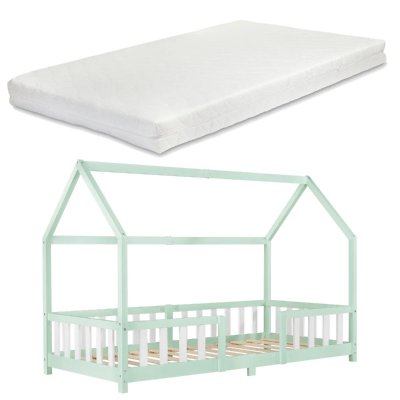 EN.CASA Lit d'enfant Forme Maison Sisimiut avec Matelas &agrave; Mousse &agrave; Froid 200 x 90 cm Menthe Blanc []