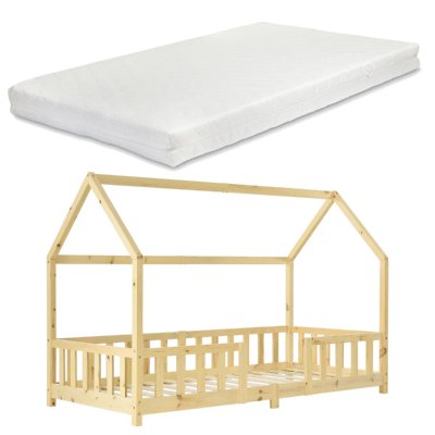 EN.CASA Lit d'enfant Forme Maison Sisimiut avec Matelas &agrave; Mousse &agrave; Froid 200 x 90 cm Naturel []