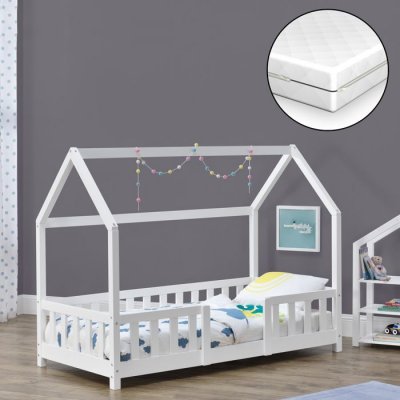 EN.CASA Lit d'enfant Forme Maison Sisimiut avec Matelas Orthop&eacute;dique 140 x 70 cm Blanc