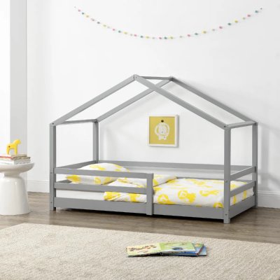 EN.CASA Lit d'Enfant Maison avec Barreaux de S&eacute;curit&eacute; Kn&auml;tten Pin 70 x 140 cm Gris Clair Mat Laqu&eacute;