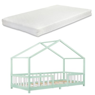 EN.CASA Lit d'enfant Treviolo Forme Maison avec Matelas &agrave; Mousse &agrave; Froid 200 x 90 cm Menthe Blanc []