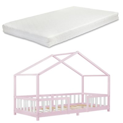 EN.CASA Lit d'enfant treviolo forme maison avec matelas &agrave; mousse &agrave; froid 200 x 90 cm rose blanc []