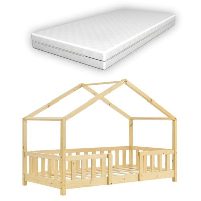 EN.CASA Lit d'enfant Treviolo Forme Maison avec Matelas Orthop&eacute;dique 160 x 80 cm Bois Naturel []