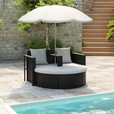 VIDAXL Lit de jardin avec parasol Noir R&eacute;sine tress&eacute;e  Noir et blanc