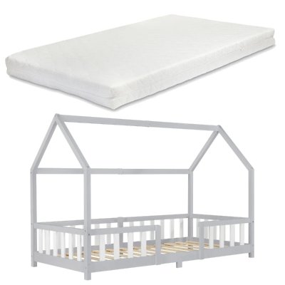 EN.CASA Lit denfant Forme Maison Sisimiut avec Matelas &agrave; Mousse &agrave; Froid 200 x 90 cm Gris Clair Blanc