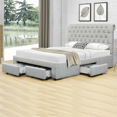 Lit double 4 tiroirs avec t&ecirc;te de lit capitonn&eacute;e gris mysk 140x190 cm